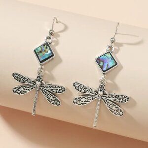 2/$24 Dragonfly Dangle Earrings With Abalone Shell & Silver Filigree Design